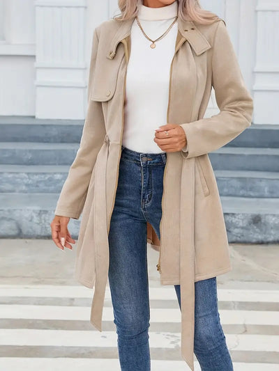 Mid-length coat with zipper stand-up collar and belt