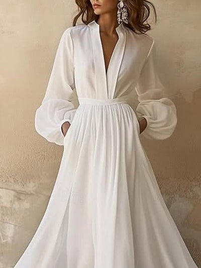 White V-neck Lantern Sleeve Ruffled Maxi Dress