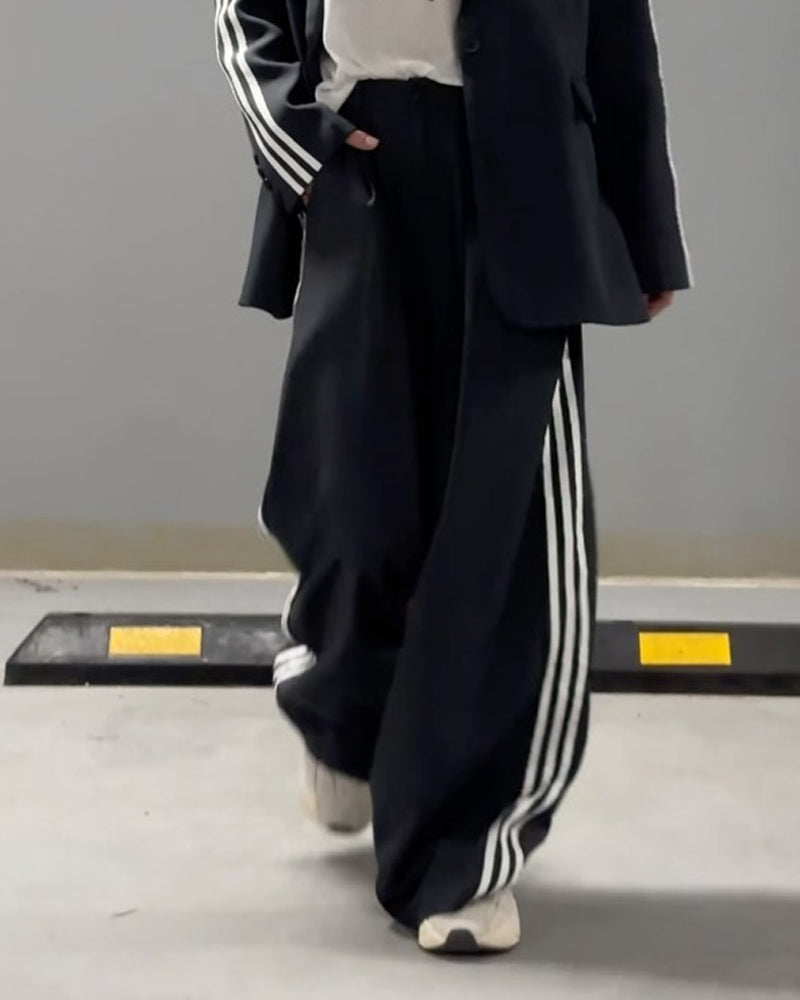 Fashionable Striped Blazer & Wide Leg Pants Two-Piece Set