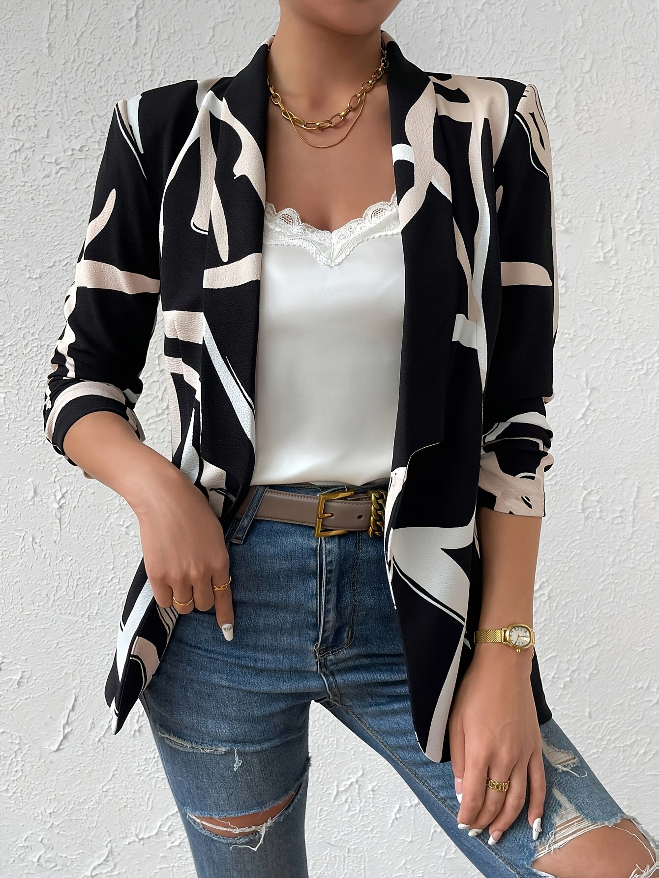 Abstract print blazer with button front elegant long sleeve blazer for office and work women's clothing.