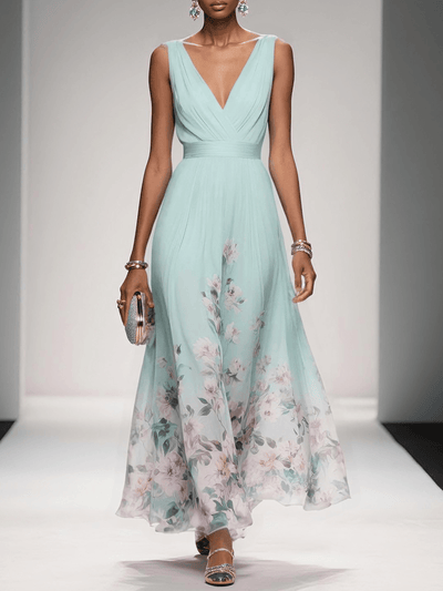 Light Blue Floral Chiffon V Neck Sleeveless A-Line Maxi Dress