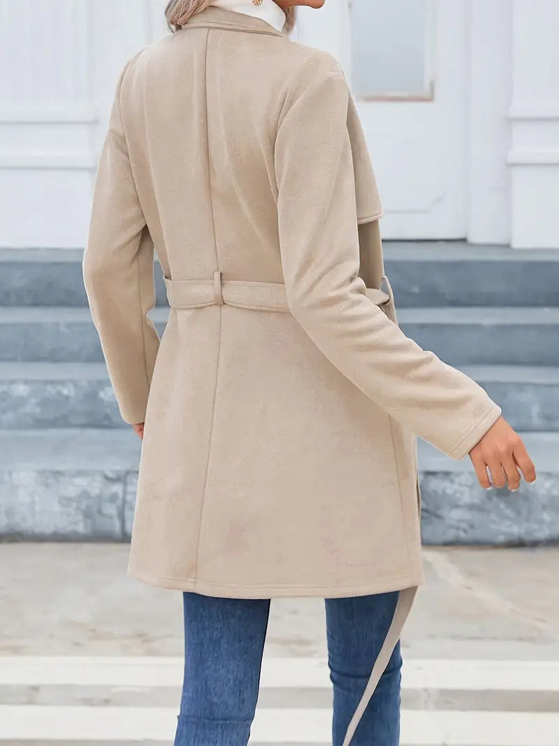 Mid-length coat with zipper stand-up collar and belt