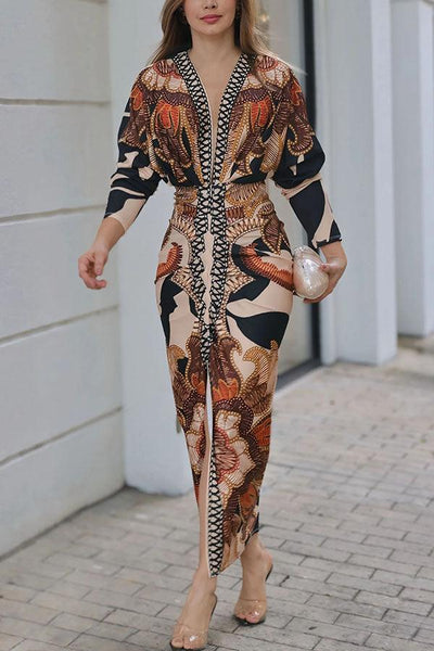 Unique Print Dolman Long Sleeve Ruched Slit Midi Dress