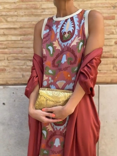 Elegant printed two-piece dress with cape