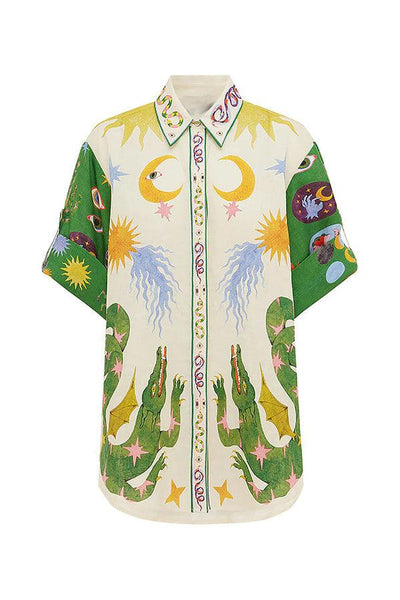 Days of Heaven Linen Blend Unique Print Blouse and Elastic Waist Pocketed Shorts Set