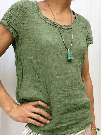 Vintag Reound Neck Cotton and Linen Casual Shirt