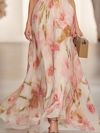 Floral Print V-neck Short-sleeved Waist Casual Maxi Dress