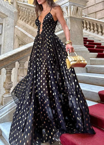 Black and Gold Polka Dots V-neck One Piece Swimsuit and Skirt