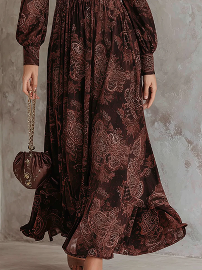 Brown Paisley Zippered Waist Maxi Dress