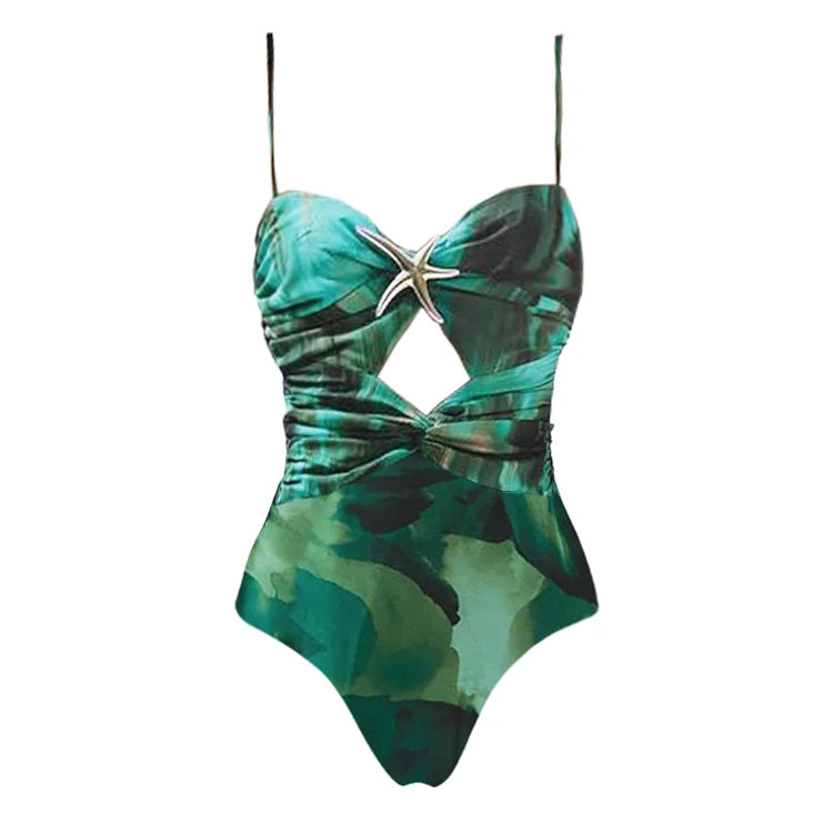 Green Starfish Ruched One Piece Swimsuit and Skirt