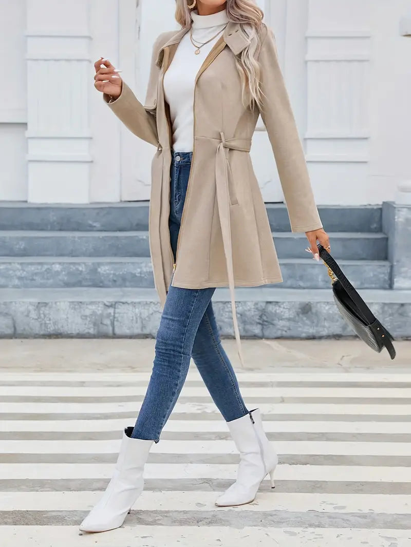 Mid-length coat with zipper stand-up collar and belt