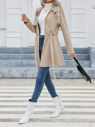 Mid-length coat with zipper stand-up collar and belt
