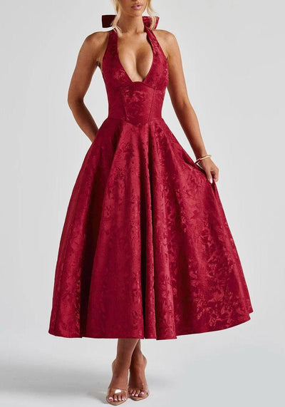 V-Neck Jacquard Midi Dress