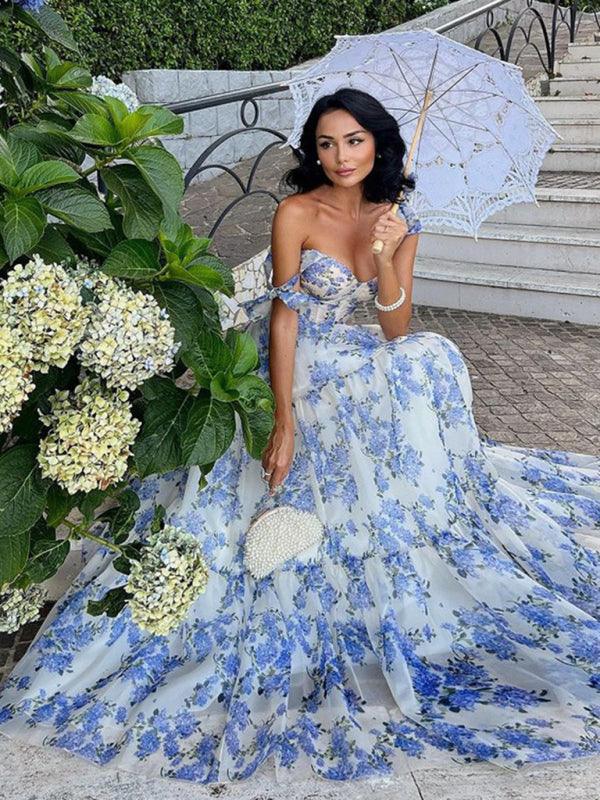 Organza Floral Print Tie Strap Maxi Dress