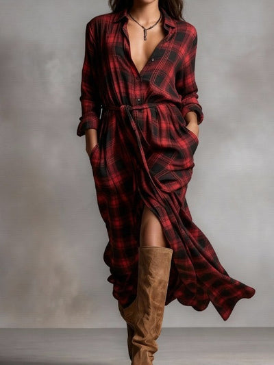 Red Plaid Lapel Button-Down Shirt Maxi Dress