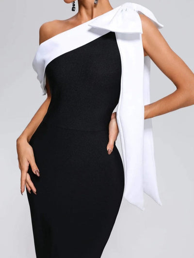 Contrast color stitching bow one shoulder dress