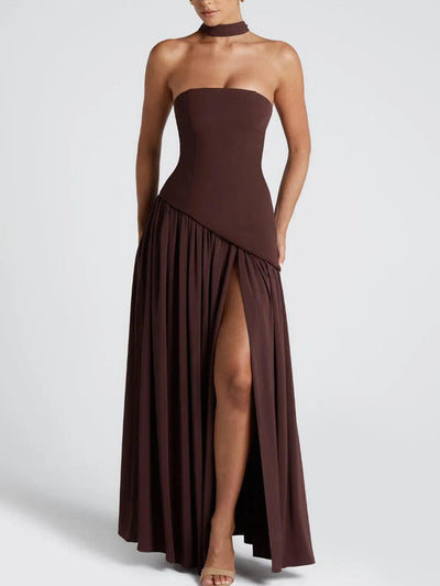 Strapless Slit Ribbon Maxi Dress