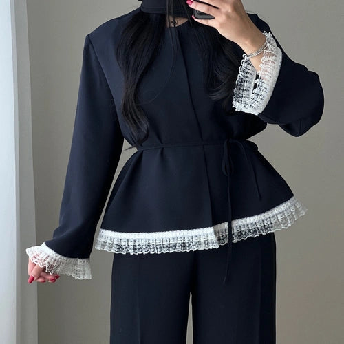 Lace-trimmed tie-waist suit and trousers set
