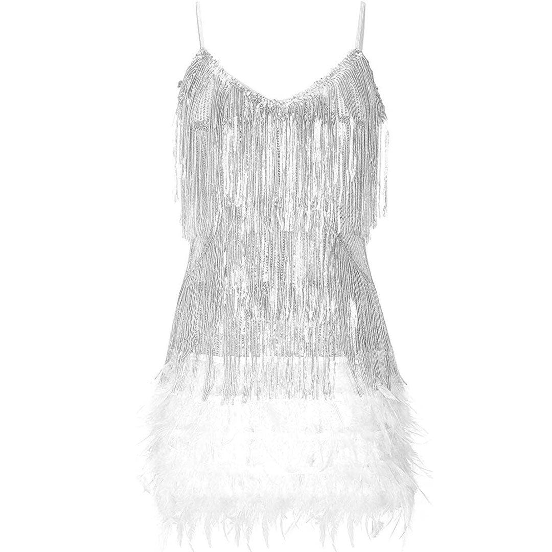 Shimmery Scoop Neck Sequin Fringe Feather Slip Flapper Mini Dress
