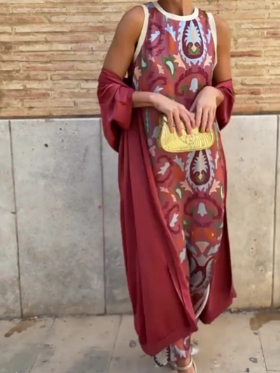 Elegant printed two-piece dress with cape