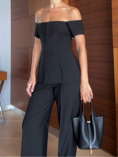 Off-shoulder short-sleeved button-down vest suit