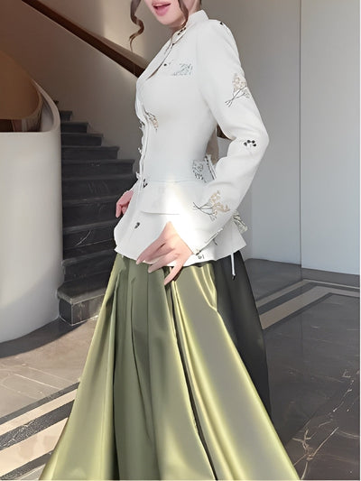 Printed suit jacket and green skirt set