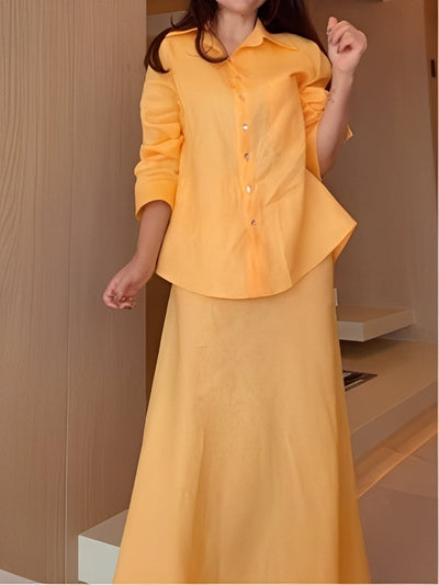 Warm yellow long-sleeved shirt and skirt set