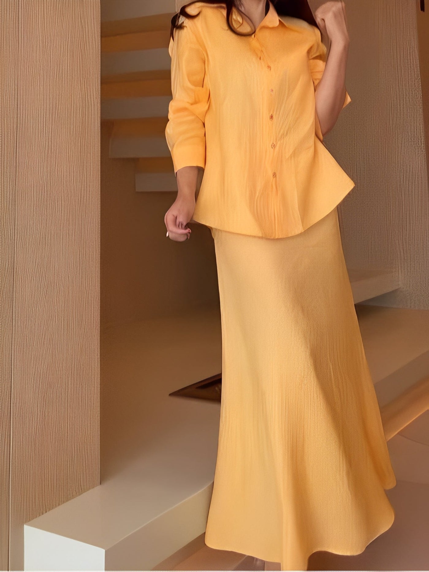 Warm yellow long-sleeved shirt and skirt set