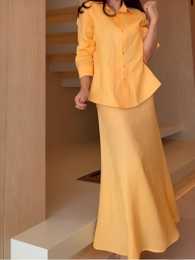 Warm yellow long-sleeved shirt and skirt set