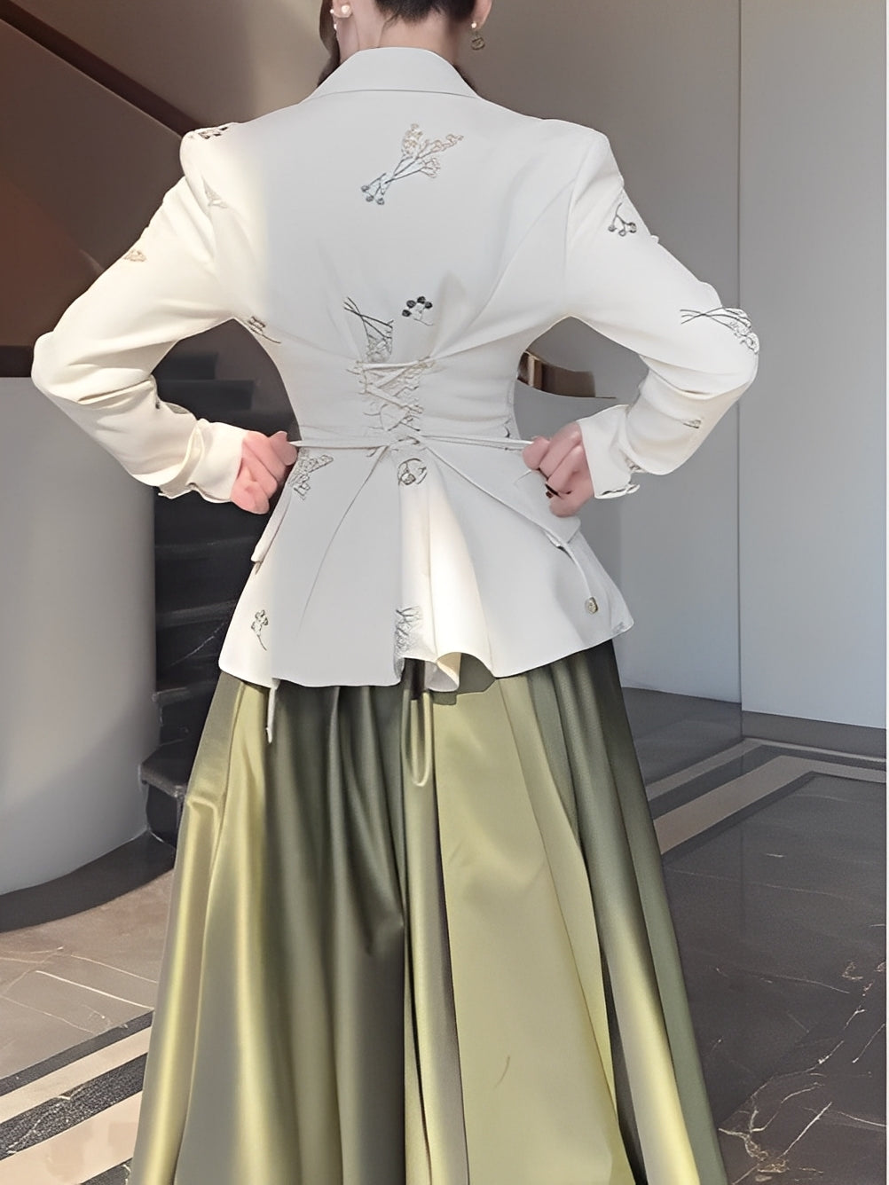 Printed suit jacket and green skirt set