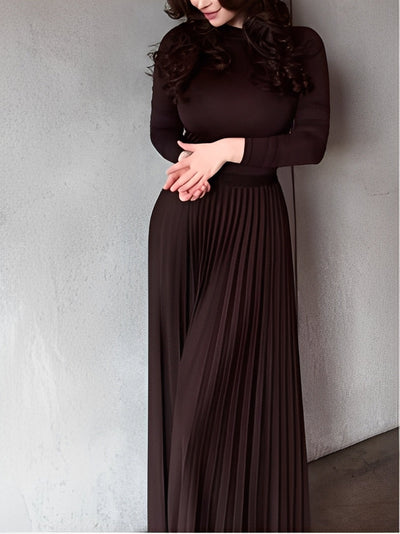Brown long-sleeved top and pleated skirt set