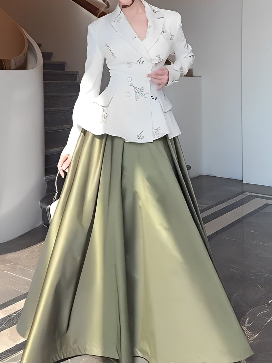 Printed suit jacket and green skirt set