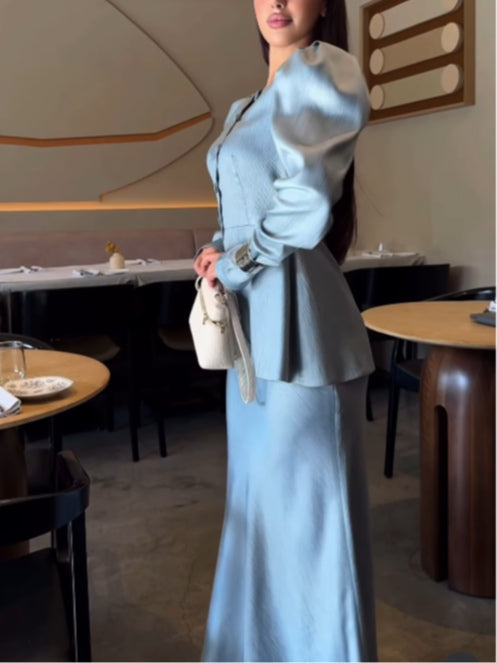 Round Neck Button Puff Sleeve Skirt Suit