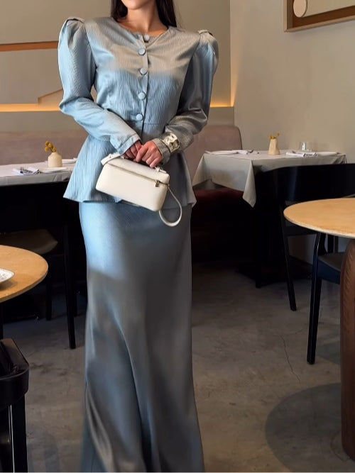 Round Neck Button Puff Sleeve Skirt Suit
