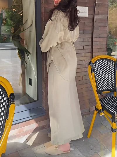 Long-sleeved Tie-Drawstring Shirt and Skirt Set