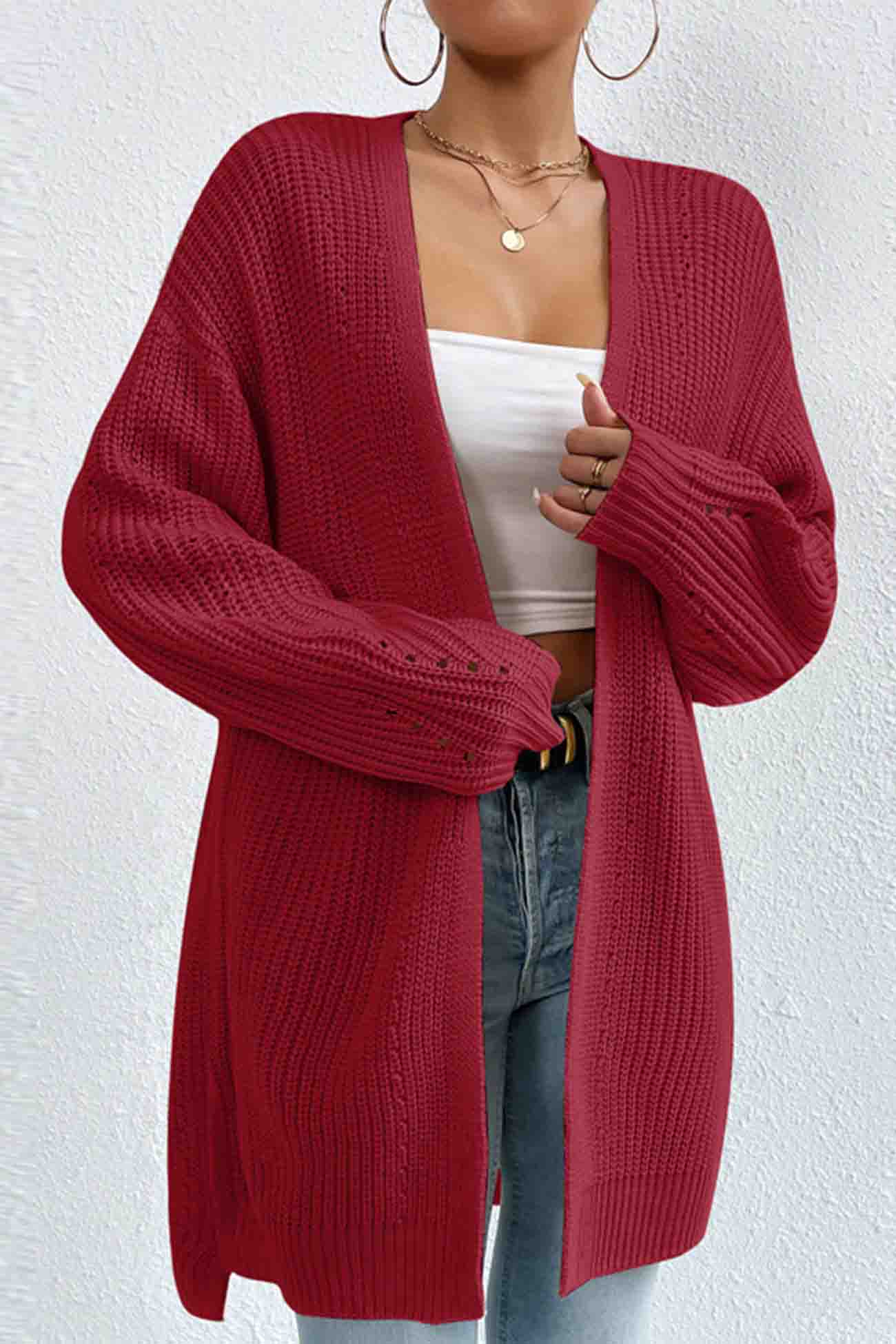 Solid Open Front Mid-Length Cardigan